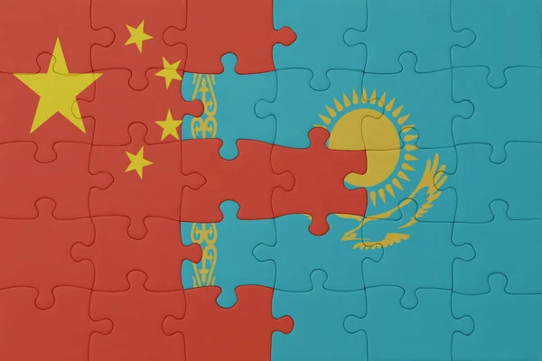 puzzle with the national flag of kazakhstan and china . macro.concept. 3d illustration