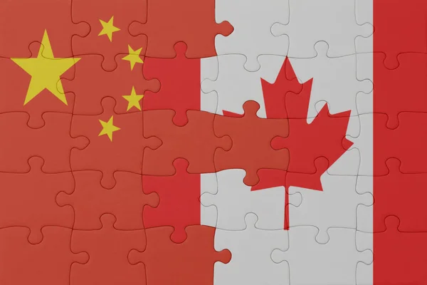 カナダと中国の国旗のパズルです マクロ コンセプト 3Dイラスト — ストック写真