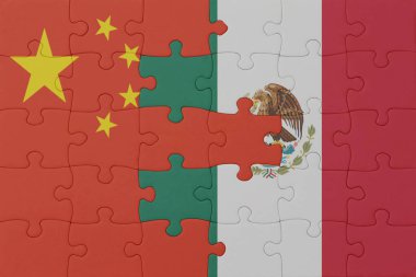 Meksika ve Çin 'in ulusal bayrağıyla bulmaca. Makro. Kavram. 3d illüstrasyon
