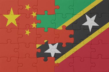 Ulusal Aziz Kitts, Nevis ve Çin bayrağı bulmacası. Makro. Kavram. 3d illüstrasyon