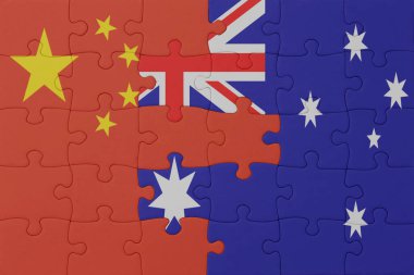 Avustralya ve Çin 'in ulusal bayrağıyla bulmaca. Makro. Kavram. 3d illüstrasyon