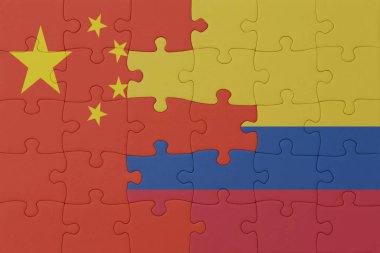 Kolombiya ve Çin ulusal bayrağı bulmacası. Makro. Kavram. 3d illüstrasyon
