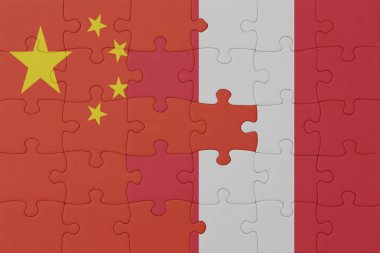 Ulusal Peru ve Çin bayrağı bulmacası. Makro. Kavram. 3d illüstrasyon