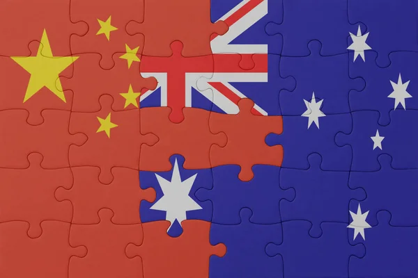 オーストラリアと中国の国旗のパズルです マクロ コンセプト 3Dイラスト — ストック写真