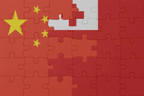 トンガと中国の国旗のパズルです マクロ コンセプト 3Dイラスト — ストック写真