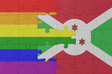 Gökkuşağı bayrağı eşcinsellik gururu ve burundi ile bulmaca. Makro. Kavram. 3d illüstrasyon