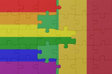 Gökkuşağı bayrağı eşcinsellik gururu ve mali ile bulmaca. Makro. Kavram. 3d illüstrasyon