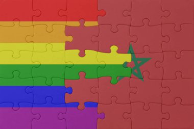 Gökkuşağı bayrağı eşcinsellik gururu ve Fas 'ın bulmacası. Makro. Kavram. 3d illüstrasyon