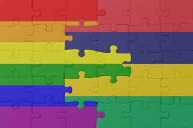 Gökkuşağı bayrağı eşcinsellik gururu ve Mauritius 'un bulmacası. Makro. Kavram. 3d illüstrasyon
