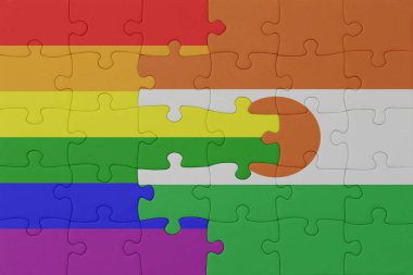 Gökkuşağı bayrağı eşcinsellik gururu ve zencinin bulmacası. Makro. Kavram. 3d illüstrasyon