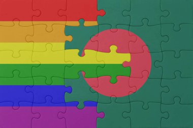 Gökkuşağı bayrağı eşcinsellik gururu ve bangladeş yapbozu. Makro. Kavram. 3d illüstrasyon