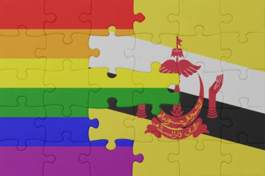 Gökkuşağı bayrağı eşcinsellik gururu ve brunei ile bulmaca. Makro. Kavram. 3d illüstrasyon