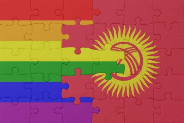 Gökkuşağı bayrağı eşcinsellik gururu ve kırgızistan 'ın bulmacası. Makro. Kavram. 3 boyutlu illüstrasyon. Tarihi bayrak