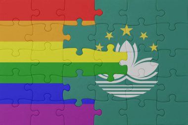 Gökkuşağı bayrağı eşcinsellik gururu ve Macau 'nun bulmacası. Makro. Kavram. 3d illüstrasyon