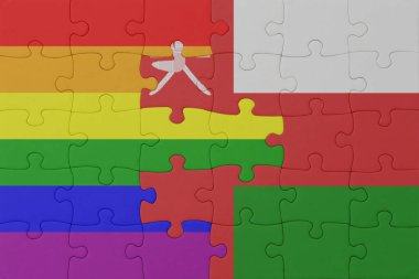 Gökkuşağı bayrağı eşcinsellik gururu ve alamet ile bulmaca. Makro. Kavram. 3d illüstrasyon