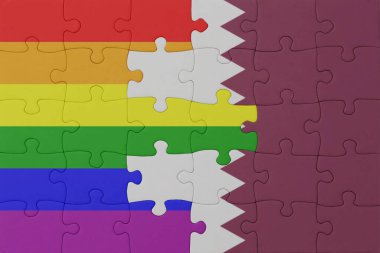 Gökkuşağı bayrağı eşcinsellik gururu ve Katar 'ın bulmacası. Makro. Kavram. 3d illüstrasyon