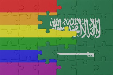 Gökkuşağı bayrağı, eşcinsel gururu ve Suudi Arabistan bulmacası. Makro. Kavram. 3d illüstrasyon