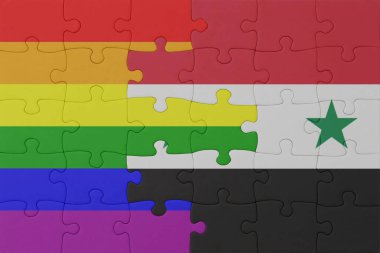 Gökkuşağı bayrağı eşcinsellik gururu ve Suriye 'nin bulmacası. Makro. Kavram. 3d illüstrasyon