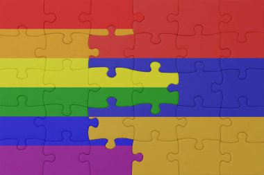 Gökkuşağı bayrağı eşcinsellik gururu ve Ermenistan 'ın bulmacası. Makro. Kavram. 3d illüstrasyon