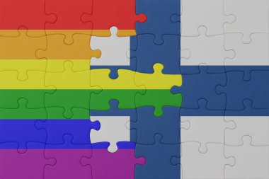 Gökkuşağı bayrağı eşcinsellik gururu ve Finlandiya 'nın bulmacası. Makro. Kavram. 3d illüstrasyon