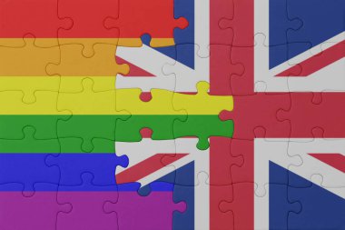 Gökkuşağı bayrağı eşcinsellik gururu ve büyük Britanya 'nın bulmacası. Makro. Kavram. 3d illüstrasyon