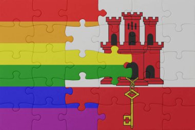 Gökkuşağı bayrağı eşcinsellik gururu ve Cebelitarık bulmacası. Makro. Kavram. 3d illüstrasyon