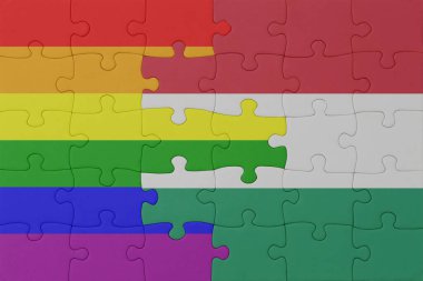 Gökkuşağı bayrağı eşcinsellik gururu ve Hungary 'nin bulmacası. Makro. Kavram. 3d illüstrasyon