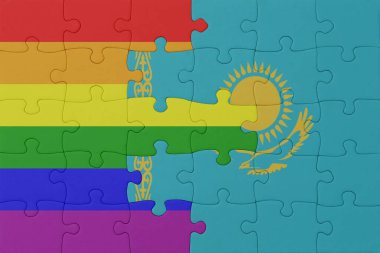 Gökkuşağı bayrağı eşcinsellik gururu ve Kazakistan 'ın bulmacası. Makro. Kavram. 3d illüstrasyon