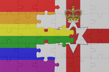 Gökkuşağı bayrağı eşcinsellik gururu ve Kuzey İrlanda 'nın bulmacası. Makro. Kavram. 3d illüstrasyon