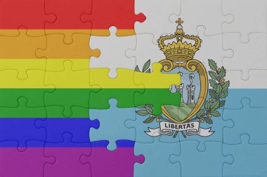 Gökkuşağı bayrağı eşcinsellik gururu ve San Marino 'nun bulmacası. Makro. Kavram. 3d illüstrasyon