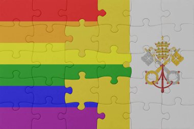 Gökkuşağı bayrağı eşcinsellik gururu ve Vatikan şehrinin bulmacası. Makro. Kavram. 3d illüstrasyon