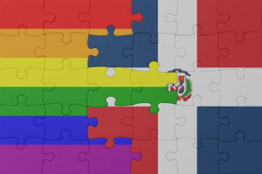 Gökkuşağı eşcinsellik gururu ve Dominik Cumhuriyeti bayrağı ile bulmaca. Makro. Kavram. 3d illüstrasyon