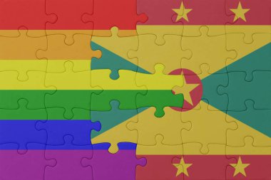 Gökkuşağı bayrağı eşcinsellik gururu ve el bombası bulmacası. Makro. Kavram. 3d illüstrasyon