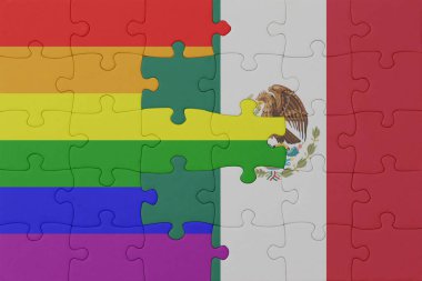 Gökkuşağı bayrağı eşcinsellik gururu ve Meksika 'nın bulmacası. Makro. Kavram. 3d illüstrasyon
