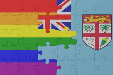 Gökkuşağı bayrağı eşcinsellik gururu ve Fiji ile bulmaca. Makro. Kavram. 3d illüstrasyon