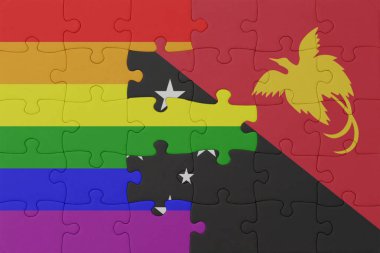 Gökkuşağı eşcinsellik gururu ve Papua Yeni Gine bayrağı ile bulmaca. Makro. Kavram. 3d illüstrasyon