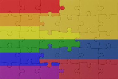 Gökkuşağı bayrağı eşcinsellik gururu ve Kolombiya 'nın bulmacası. Makro. Kavram. 3d illüstrasyon