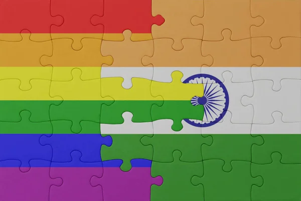 Puzzel Met Vlag Van Regenboog Gay Trots India Macro Concept — Stockfoto