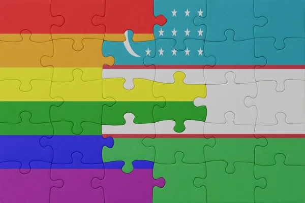 Puzzle Flag Rainbow Gay Pride Uzbekistan Macro Concept Illustration — Stock Photo, Image