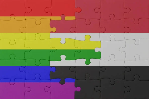Puzzle Flag Rainbow Gay Pride Yemen Macro Concept Illustration — Stock Photo, Image