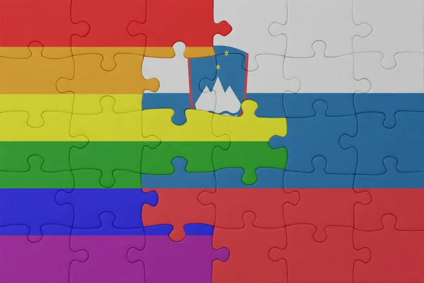 虹色のゲイのプライドとスロベニアの旗でパズル マクロ コンセプト 3Dイラスト — ストック写真