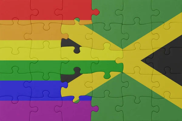 Rompecabezas Con Bandera Del Arco Iris Gay Orgullo Jamaica Macro — Foto de Stock