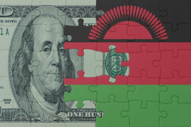 Ulusal Malawi bayrağı ve dolar banknotuyla bulmaca. Makro. Kavram. 3d illüstrasyon