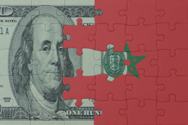 Ulusal Fas bayrağı ve dolar banknotuyla ilgili bulmacalar. Makro. Kavram. 3d illüstrasyon