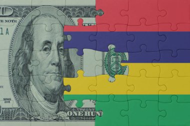 Mauritius 'un ulusal bayrağı ve dolar banknotuyla ilgili bulmacalar. Makro. Kavram. 3d illüstrasyon