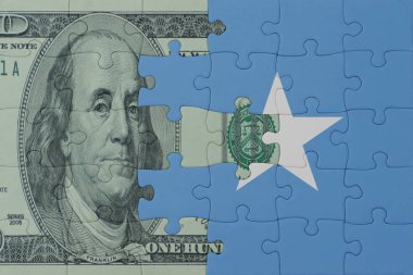 Ulusal Somali bayrağı ve dolar banknotuyla ilgili bulmacalar. Makro. Kavram. 3d illüstrasyon