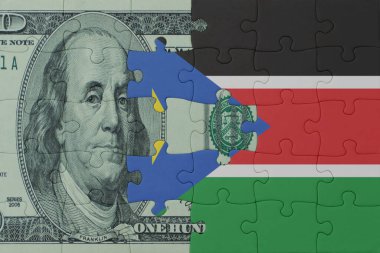 Güney Sudan 'ın ulusal bayrağı ve dolar banknotuyla ilgili bulmacalar. Makro. Kavram. 3d illüstrasyon