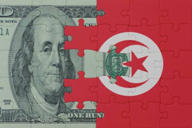 Tunus bayrağı ve dolar banknotuyla ilgili bulmacalar. Makro. Kavram. 3d illüstrasyon