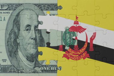 Ulusal brunei bayrağı ve dolar banknotuyla ilgili bulmacalar. Makro. Kavram. 3d illüstrasyon