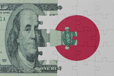 Japonya bayrağı ve dolar banknotunun bulmacası. Makro. Kavram. 3d illüstrasyon